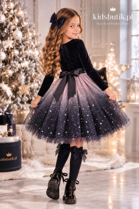 Welurowa sukienka ombre STARRY NIGHT z tiulem - czarna