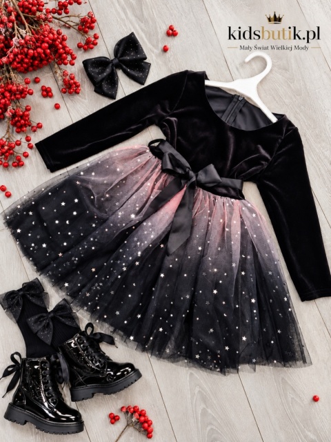 Welurowa sukienka ombre STARRY NIGHT z tiulem - czarna