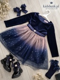 Welurowa sukienka ombre STARRY NIGHT z tiulem i kwiatem - granatowa