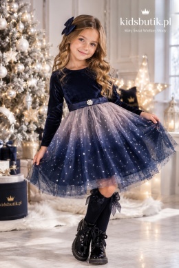 Welurowa sukienka ombre STARRY NIGHT z tiulem i kwiatem - granatowa